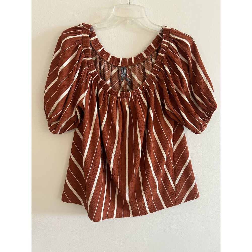 Anthropologie Women Brick Red White Stripes Puff Sleeve Top Size L